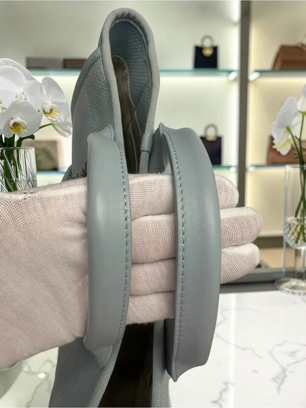CHANEL Light Blue Canvas Tote with Chain-Strap Details